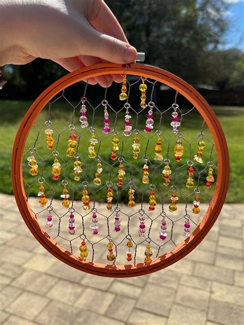 Chicken Wire Beaded Suncatcher Handmade Suncatcher Embroidery Hoop Sun