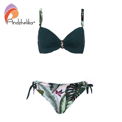 Andzhelika Green Print Bikini 2019 New Summer Sexy Push Up Bikini Set High Grade Pearl Jewelry