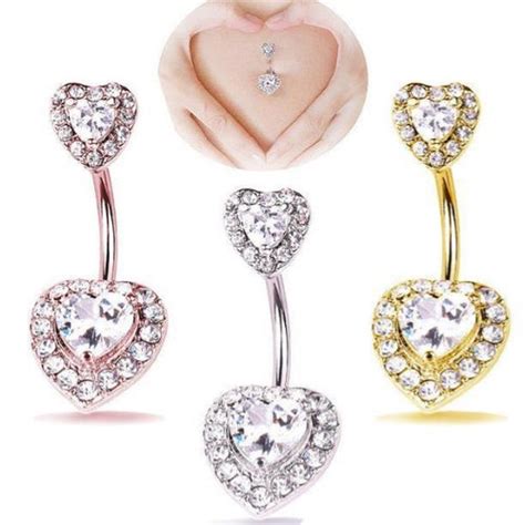 Cz Heart Prong Set Surgical Steel Belly Bar Navel Ring Etsy Uk