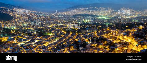 Panoramic View Of Comuna 13 Medellin Colombia At Night Stock Photo