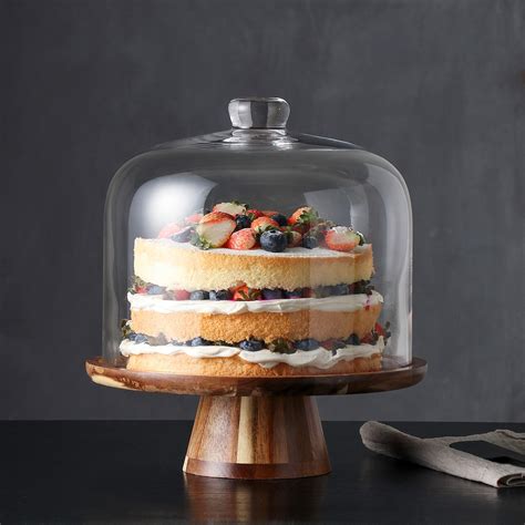 Whole Housewares Flat Round Wood Server Cake Stand With Dome Cake