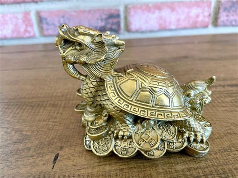 Golden Brass Feng Shui Dragon Turtle Chinese Statue Wealth Lucky