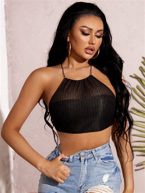 Shein Sxy Lace Up Backless Crop Halter Top Shein Usa