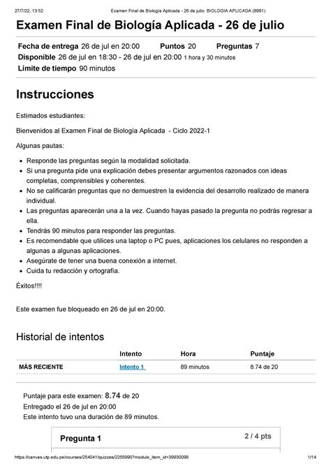 Examen Final de Biología Aplicada 26 de julio Biologia Aplicada 8991