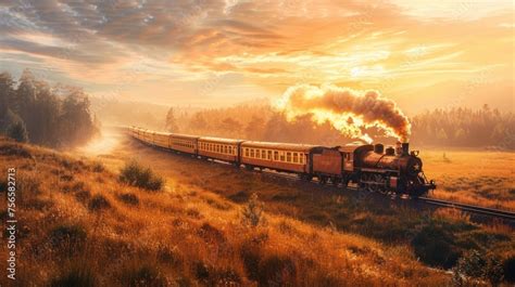 An Old Fashioned Steam Train Chugs Through The Countryside At Sunrise