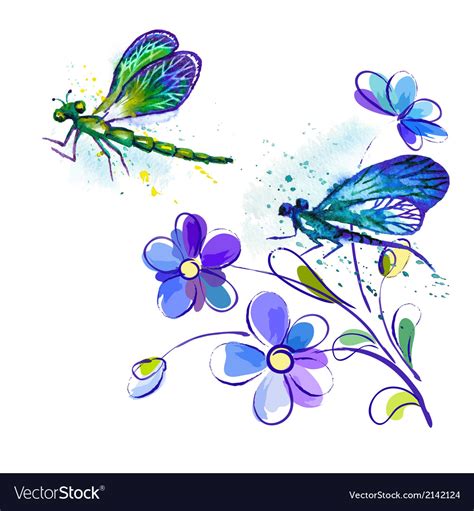 Watercolor Background With Dragonflies And Flowers