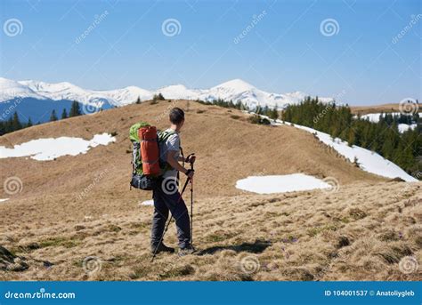 Male Hiker With Backpack In The Mountains Stock Image Image Of