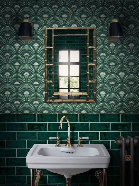 Beautiful Green Art Deco Inspired Wallpaper With Green Bathroom Tiles