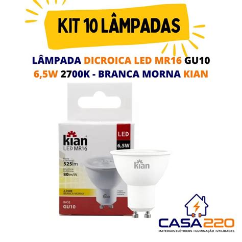 Kit 10 Lâmpadas Dicroica Led MR16 GU10 6 5W 2700K Branca Morna Bivolt