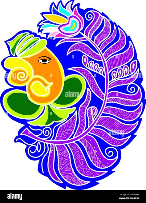 Lord Ganesh With Peacock Feather - Colorful Rangoli, Alpona or Paisley ...