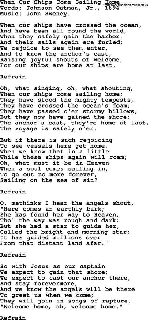 Hymns And Songs About Heaven When Our Ships Come Sailing Home Lyrics