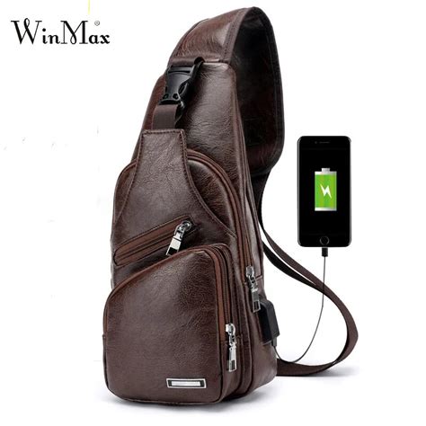 2018 New Male PU Leather Shoulder Bags USB Charging Travel Bags Men