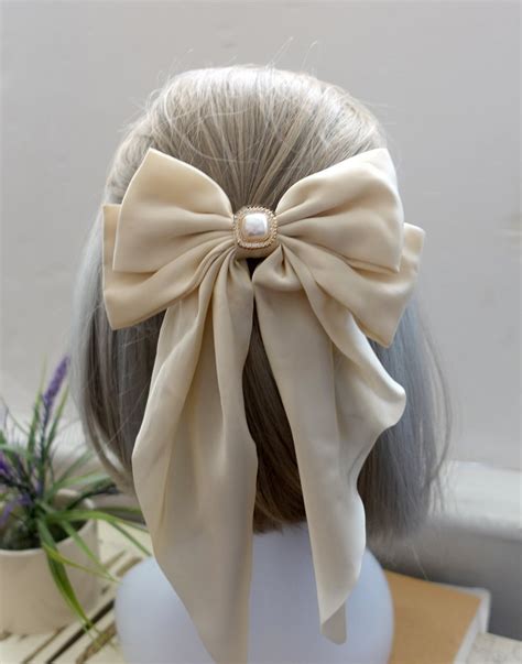 Big Satin Bow With Long Tail Parisian Bow Clip Barrette Etsy