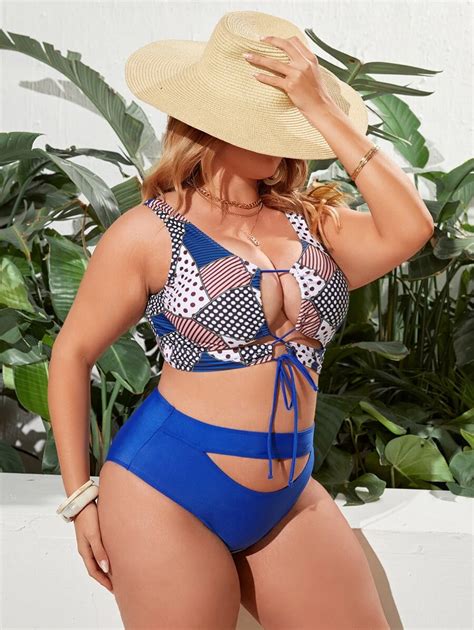 Plus Size Patchwork Print Cut Out Bikini Set Summer Beach SHEIN USA