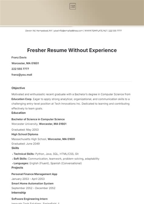 Free Fresher Resume Without Experience Template Edit Online