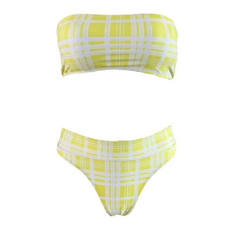 Sexy Yellow Strapless Plaid Beachwear Bikini Set N