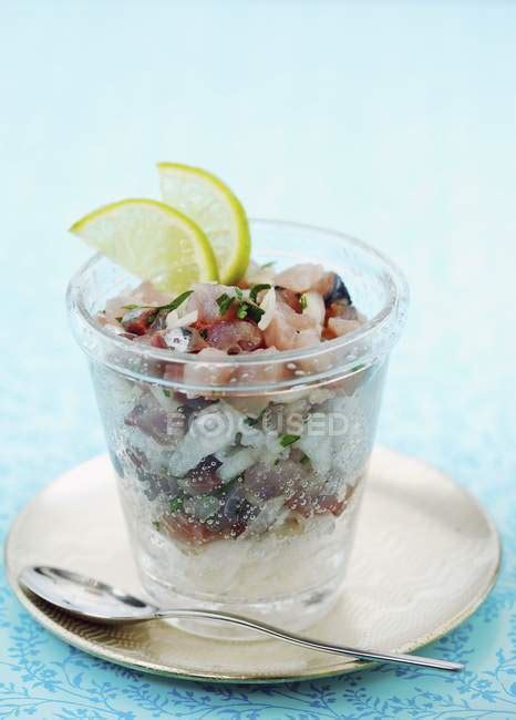 Mackerel Tartare In Glass Over Plate With Spoon — Delicious Dish