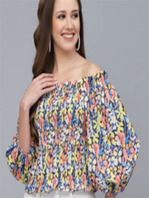 Buy Mafadeny Yellow Floral Print Off Shoulder Bardot Top Tops For