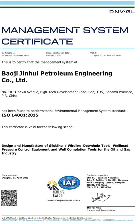 Dnv Gl Iso Certificate Wireline Tools Wellhead Pressure Control