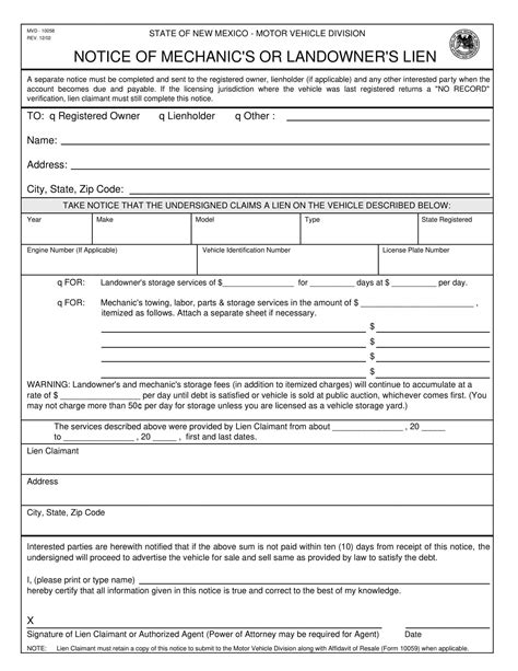 Free Printable Mechanics Lien Templates Pdf Word