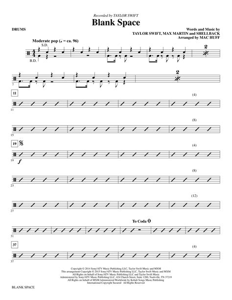 Blank Space Drums Sheet Music Mac Huff Choral Instrumental Pak