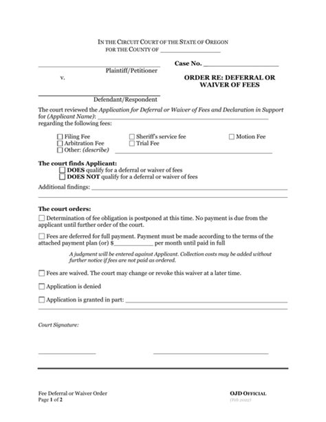 Oregon Order Re Deferral Or Waiver Of Fees Fill Out Sign Online And