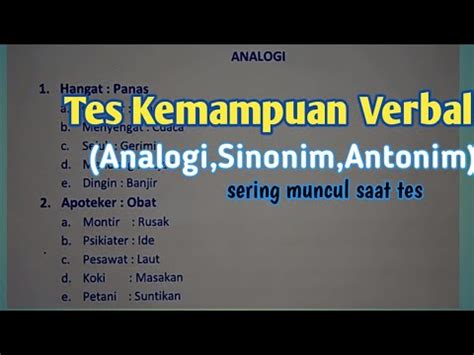 Tes Kemampuan Verbal Analogi Sinonim Antonim YouTube