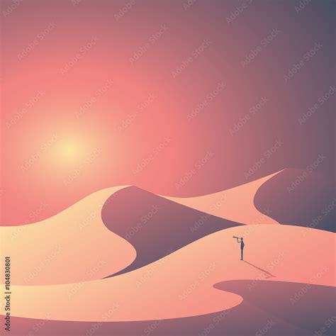 Desert Landscape Vector Background Natural Sand Dunes In Sunset Wallpaper With Explorer Stock