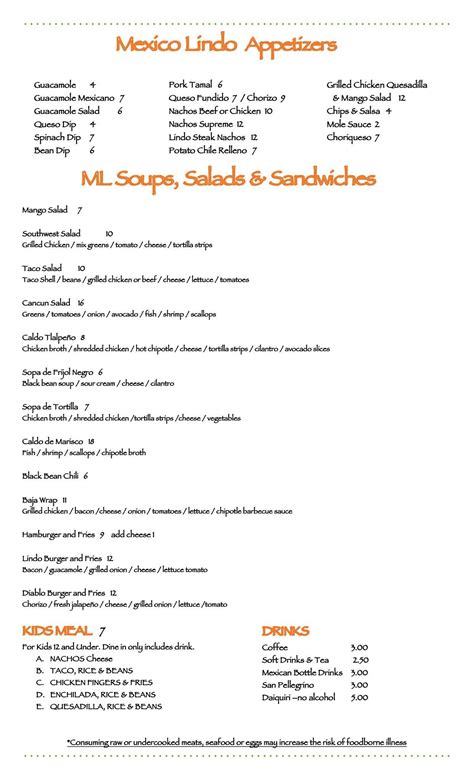 Menu at Mexico Lindo Restaurant, Birmingham, 350 Hollywood Blvd