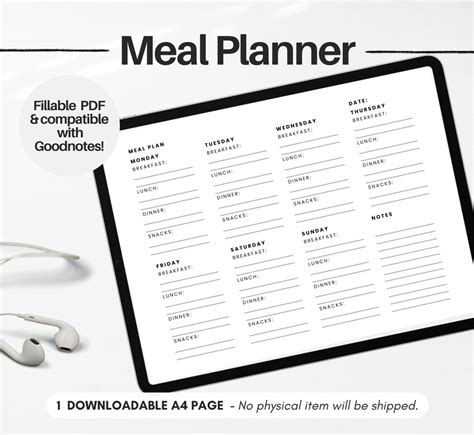 Printable Weekly Meal Planner A4 Landscape Food Diary Meal Tracker Food Journal Meal Prep