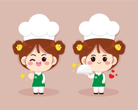 Free Vector Set Of Cute Chef Girl Smiling In Uniform Preparing Food