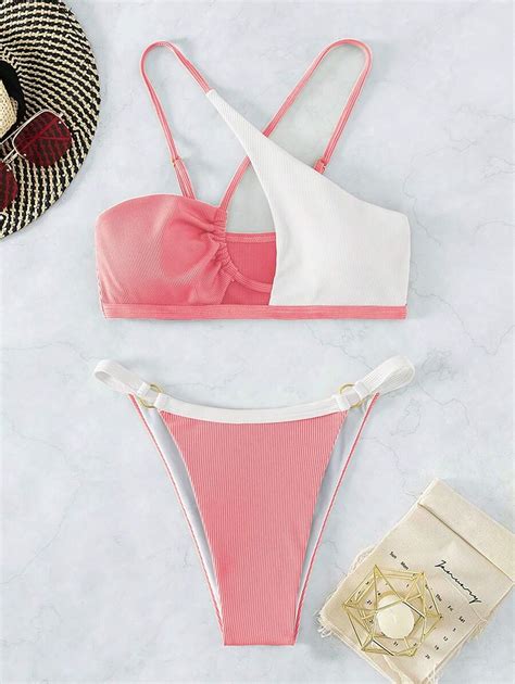 Shein Swim Two Tone Ring Linked Cut Out Thong Bikini Set For Summer