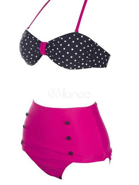 High Waisted Polka Dot Halter Lycra Spandex Womens Bikini Set Milanoo