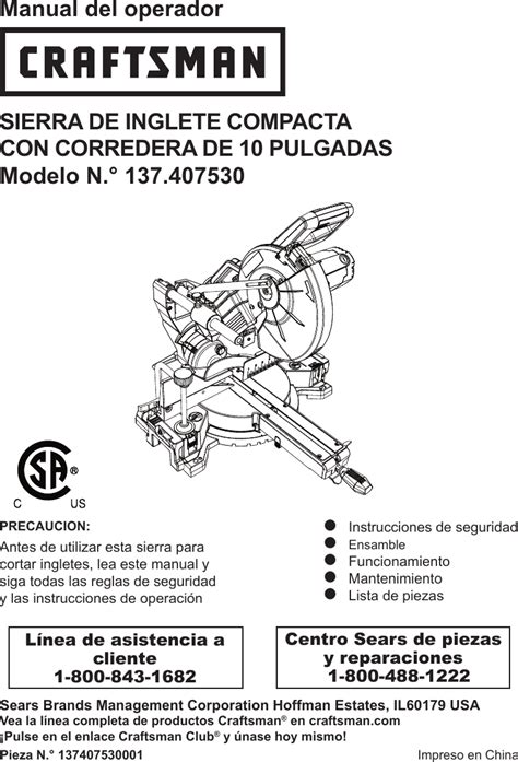 Craftsman 10 Compact Sliding Compound Miter Saw Owners Manual Espanol 40753 Sm2509rc Spanish