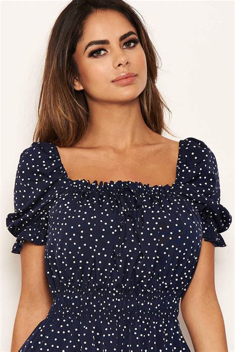 Navy Polka Dot Square Neck Swing Dress Ax Paris