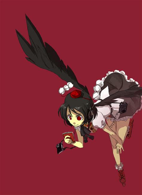 Safebooru Black Hair Black Wings Camera Geta Hat Red Eyes