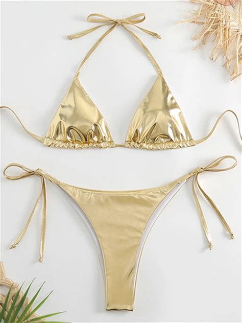 Sexy Brozing Gold Bikini Set Frauen Solide Push Up Micro Badeanzug