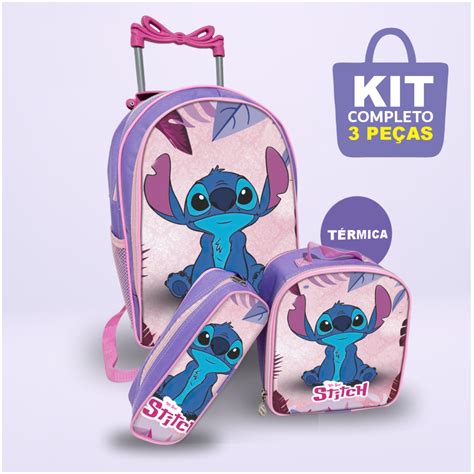 Kit Mochila Stitch Escolar Infantil Menina Rodinha Lancheira Térmica