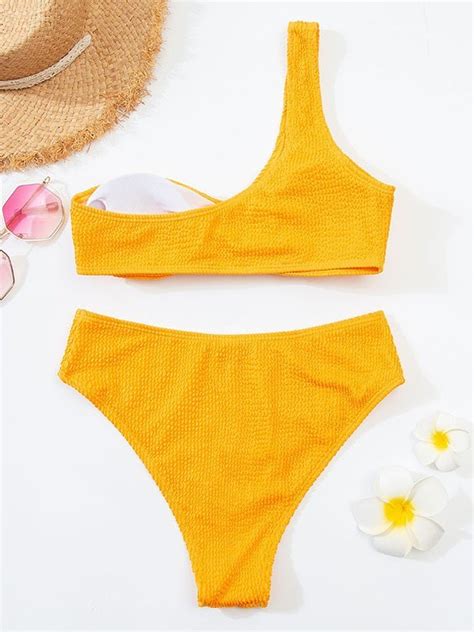 Emmiol Free Shipping Texture Ring Bikini Swimsuit Yellow L In