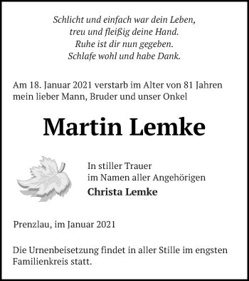 Traueranzeigen Von Martin Lemke Trauer Nordkurier