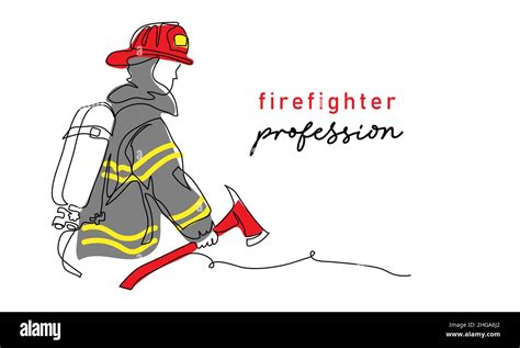 Fireman With Ax In Red Helmet And Uniformone Continuous Line Art