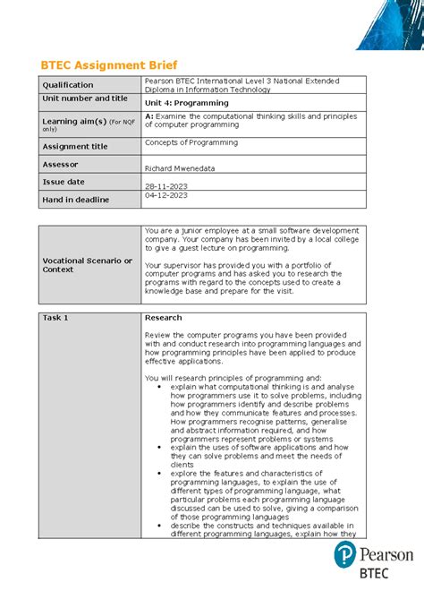 Btec Assignment Briefrefwergfertg Btec Assignment Brief Qualification