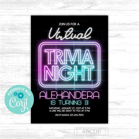 Virtual Trivia Night Birthday Invitation Glow Birthday - Etsy