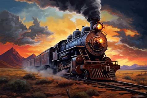 Uma Pintura De Um Trem Em Um Trilho A Locomotiva Se Move Entre As