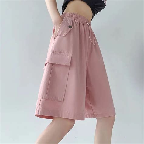 Xpqbb Women Big Pocket Loose Shorts Summer Pink Bf Y2K Wide Leg Cargo