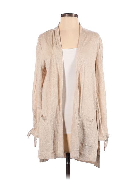 J Jill 100 Linen Color Block Solid Tan Cardigan Size S Petite 73