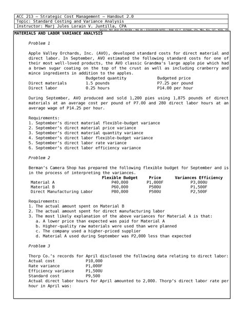 Acc Handout Standard Costing And Variance Analysis Acc