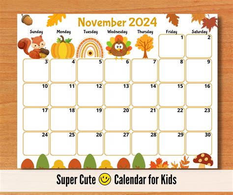 Kids Printable November 2024 Calendar | Printable Calendar