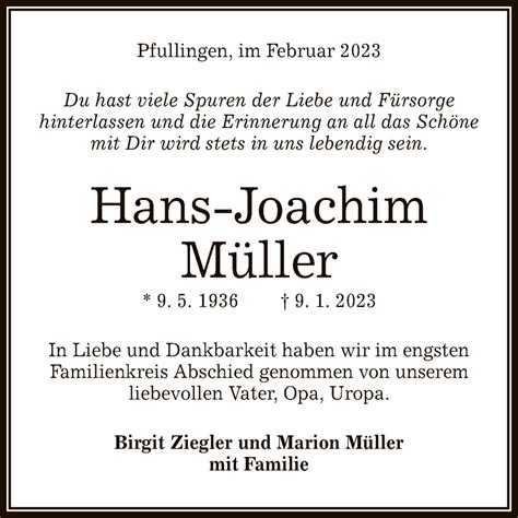 Traueranzeigen von Hans Joachim Müller trauer gea de