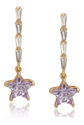 Aretes Oro 18k Lam Estrella Zirconia Morada Colgante Mujer Meses Sin